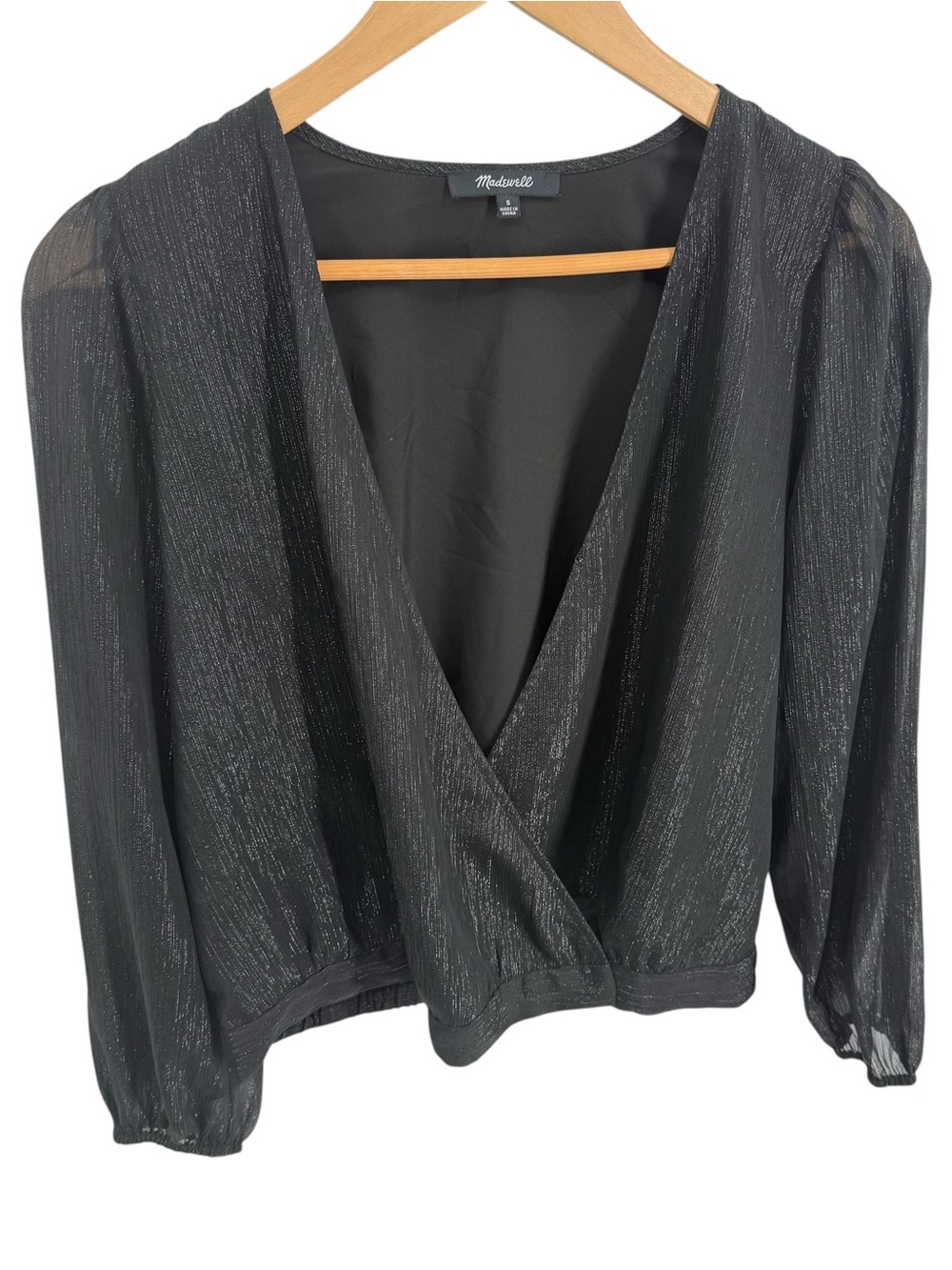 Madewell Shimmer Lyric Wrap Top Women’s Small Black Metallic Sheer Sleeve Blouse
